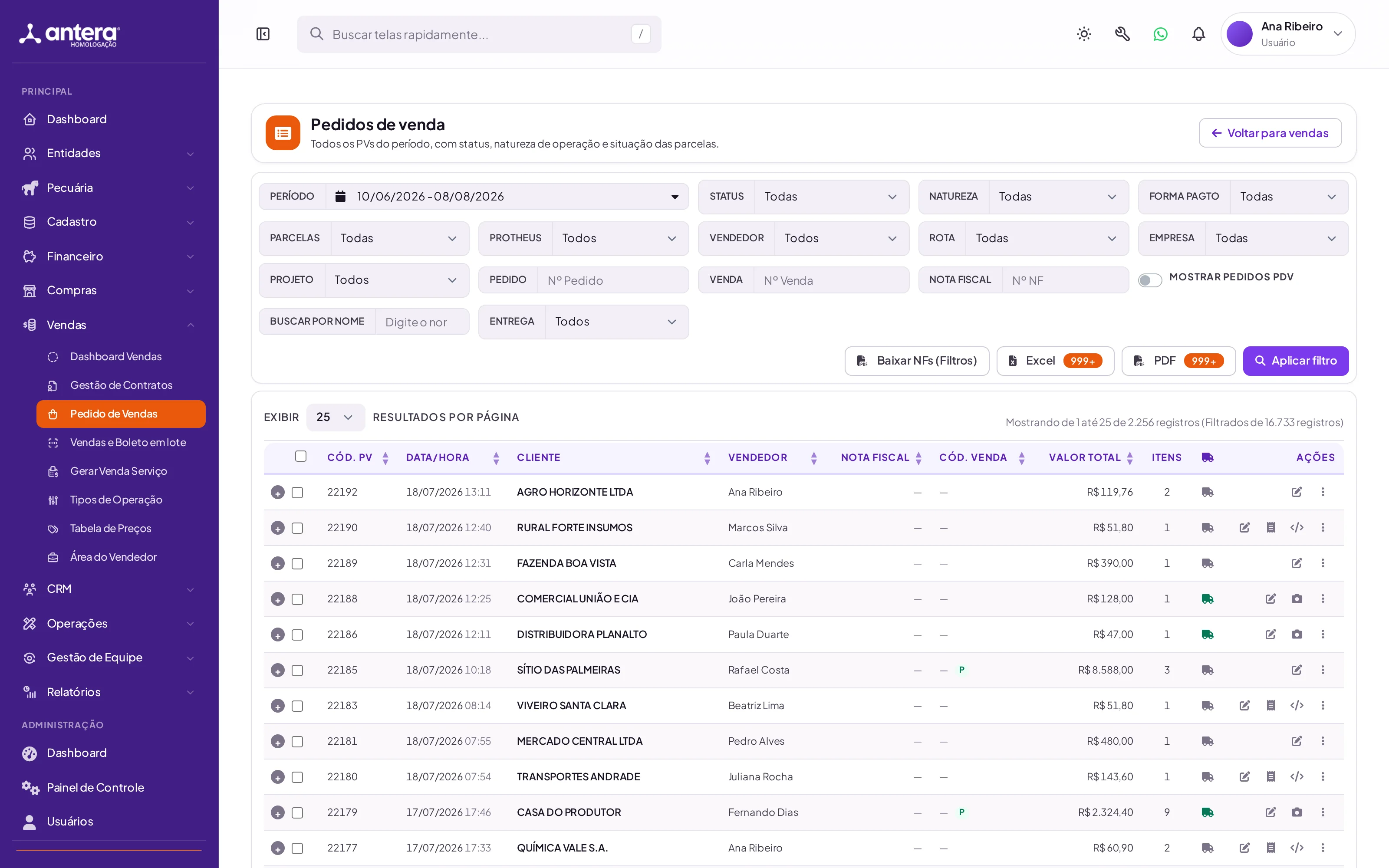 Tela real de pedidos de venda com filtros por período, status, vendedor, rota e empresa